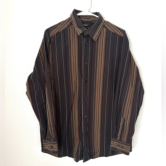 Ratio Dress Shirt Mens L Brown Black Button Front Vertical Striped Collared Top - Picture 1 of 6